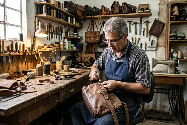 Sapateiro reformando uma bolsa de couro em ambiente de trabalho.